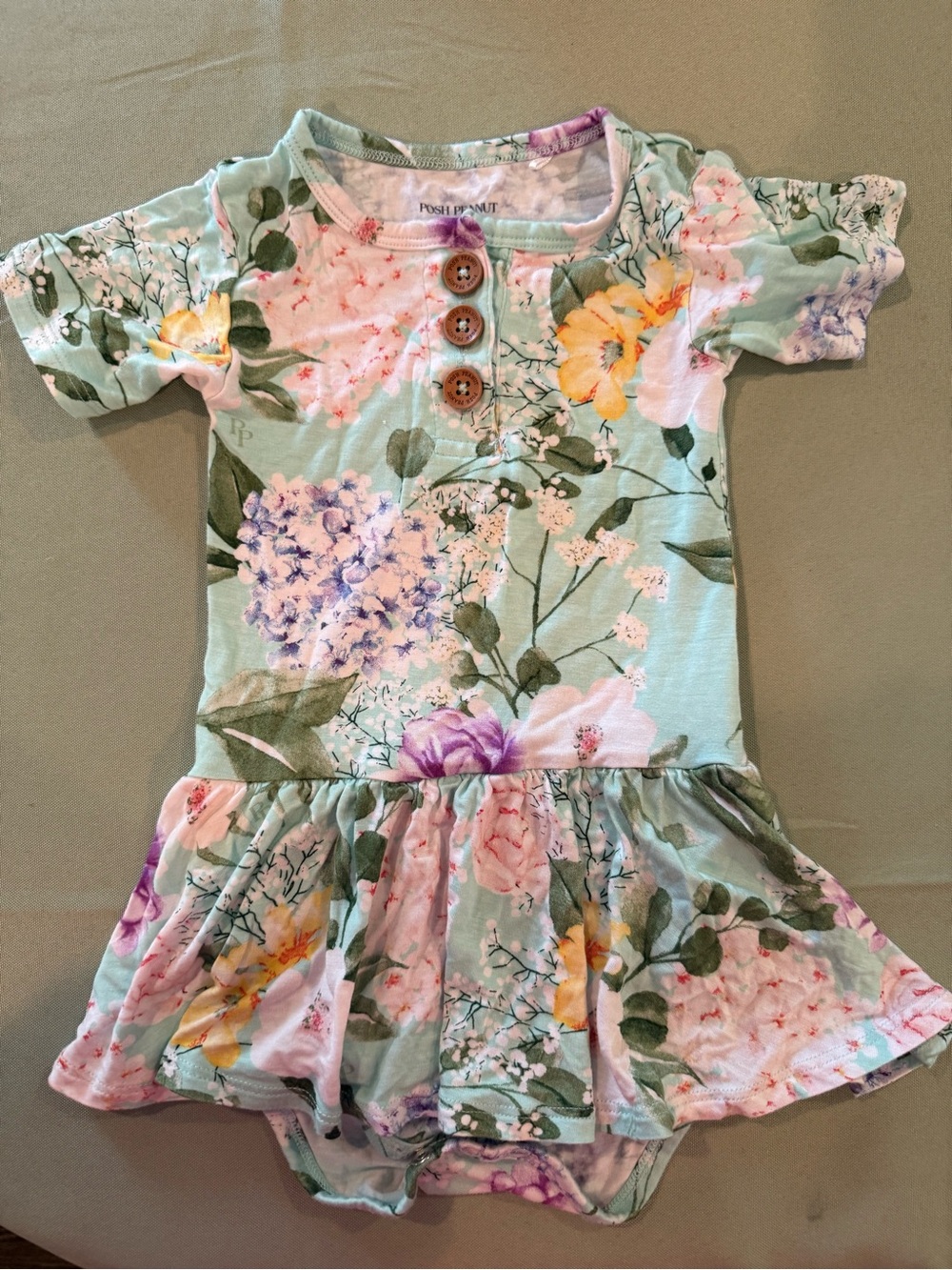 Posh Peanut Mint Floral Dress Twirl Bodysuit with Yellow & Purple Accents